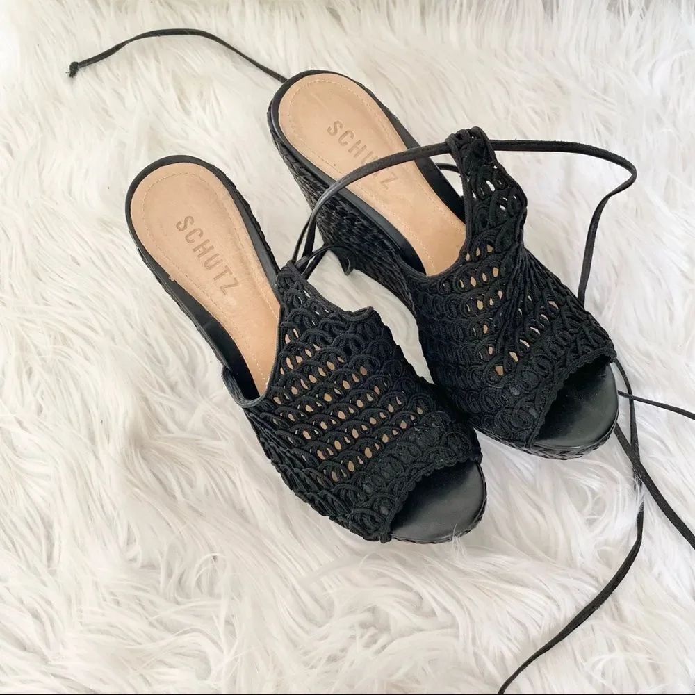 NEW SCHUTZ black woven leather fabric tie ankle wedges sandals 6.5 EUR 37
